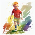 Little boy playing soccer in watercolor style. AI Generated Royalty Free Stock Photo