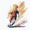 Little boy playing soccer in watercolor style. AI Generated Royalty Free Stock Photo