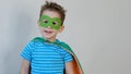 Little boy playing a superhero. Kid in an Superhero`s costume. happy child. green mask, nature care concept Royalty Free Stock Photo