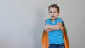 Little boy playing a superhero. Kid in an Superhero`s costume. happy child. green mask, nature care concept Royalty Free Stock Photo
