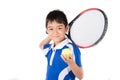 Little boy playing tennis racket and tennis ball in hand Royalty Free Stock Photo
