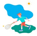 Little boy playing tennis. Vector illustration in a flat style. Isolated on a white background. Royalty Free Stock Photo