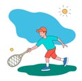 Little boy playing tennis. Vector illustration in a flat style. Isolated on a white background. Royalty Free Stock Photo