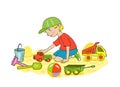 Little boy playing with toy car on the beach or in a sand box. Kids toys. Children summer activities. Vector cartoon