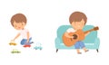 Little Boy Playing Toy Car on the Floor in Playroom and Playing Guitar Sitting on Sofa Vector Set Royalty Free Stock Photo