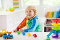 Boy playing toy cars. Kid with toys. Child and car Royalty Free Stock Photo