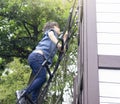 Little boy playing in treehouse at forest park, Active kid holding robe in playground, Child enjoying activity in a climbing adven Royalty Free Stock Photo