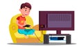 Little Boy Playing Video Games On The Couch Vector. Isolated Illustration