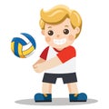 Funny little boy playing volley ball.