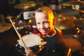 Boy plays drums in recording studio Royalty Free Stock Photo