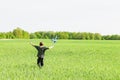 A little boy plays in a field, launches a toy plane