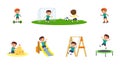 Little boy plays in the playground. Concept of summer entertainment. Child plays different summer games. Sport and recreation.