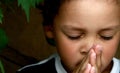 Little boy praying to God with hands held together stock photo Royalty Free Stock Photo