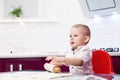 Little boy preparing dough. Boy kneads dough in the kitchen Royalty Free Stock Photo