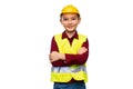 little boy in protective helmet and safety vest Royalty Free Stock Photo