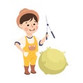 Little Boy with Pruner Cutting Bush Representing Gardener or Farmer Profession Vector Illustration