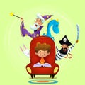 Little boy read book sitting in chair. Royalty Free Stock Photo