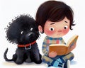 Little boy reading a book with a black dog on a white background. Children\'s book illustration. Generative AI Royalty Free Stock Photo