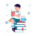 Little boy reading a book - cartoon child sitting on stack of books Royalty Free Stock Photo