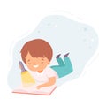 Little Boy Reading Book, Cute Kid Lying on Floor and Reading Using Flashlight, Education and Imagination Concept Cartoon Royalty Free Stock Photo