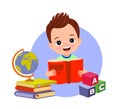 little boy reading a book and a stack of books with abc letters on a white background Royalty Free Stock Photo