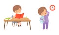 Little Boy Reading Book at Table and Yawning Wearing Pajama Vector Set
