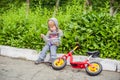 Little boy reading a book under big linden tree Royalty Free Stock Photo