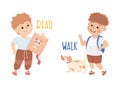 Little Boy Reading Book and Walking Dog Demonstrating Vocabulary and Verb Vector Set Royalty Free Stock Photo