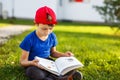 Little boy reading fable book