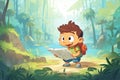 little boy reading a map in a forest exploration