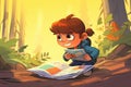 little boy reading a map in a forest exploration