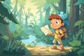 little boy reading a map in a forest exploration