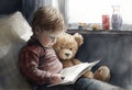 Little boy reading a picture book to his teddy bear friend Royalty Free Stock Photo