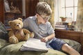 Little boy reading a picture book to his teddy bear friend Royalty Free Stock Photo