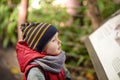 Little boy reads an explanatory sign in the zoo or Park of Nature