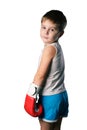 Little boy with red boxing gloves on white background isolated Royalty Free Stock Photo