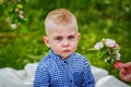 A little boy with red eyes from tears and allergies to blooming in the spring Royalty Free Stock Photo