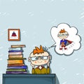 Cute boy red hair dreams and smile behind a pile of books, coloured drawing hand paint, little dreamer, superhero