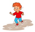 A little boy with red hair and a red T-shirt is jumping while playing hopscotch. Vector illustration in cartoon style Royalty Free Stock Photo