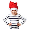 Little boy in red Santa hat is funny and angry isolated