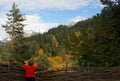 Little boy standing near wooden palisade and looking at colorful autumn forest and snowy mountain peak. View from behind