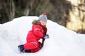 Little boy in red winter clothes having fun with fresh snow Royalty Free Stock Photo