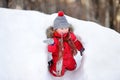 Little boy in red winter clothes having fun with fresh snow Royalty Free Stock Photo