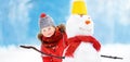 Little boy in red winter clothes having fun with snowman in snowy park Royalty Free Stock Photo