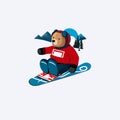 Little boy in red winter overalls and toy teddy bear are rolling down mountain on sled against background of snowflakes Royalty Free Stock Photo