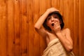 Little boy is relaxing in the sauna. Portrait