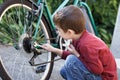Little boy repair bicycle outdoor