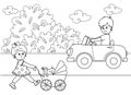 Little boy rides a toy car, a girl walks with stroller, coloring book
