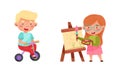 Little boy riding bicycle, girl painting on canvas cartoon vector illustration