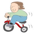 Little boy riding fast on a red tricycle isolated on white background - hand drawn vector illustration Royalty Free Stock Photo